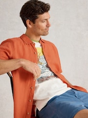 White Stuff Orange Keswick Short Sleeve 100% Linen Shirt - Image 2 of 6