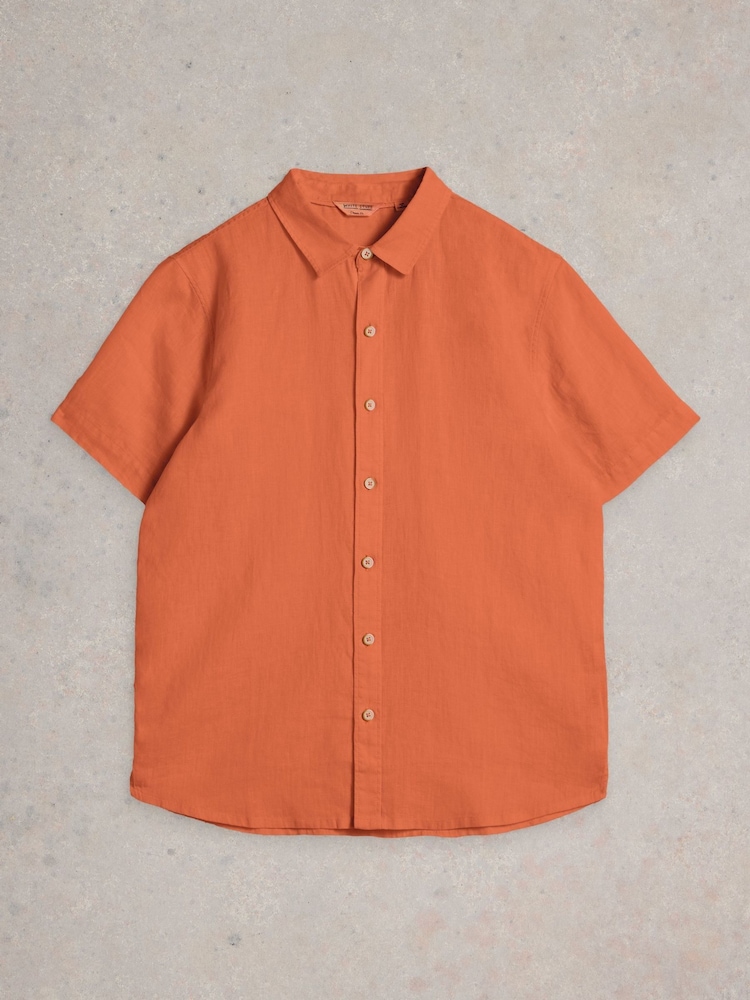 White Stuff Orange Keswick Short Sleeve 100% Linen Shirt - Image 5 of 6