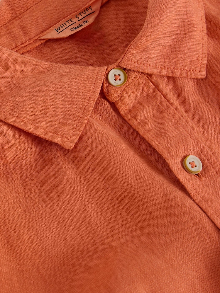 White Stuff Orange Keswick Short Sleeve 100% Linen Shirt - Image 6 of 6