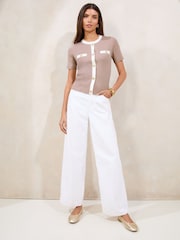 Lipsy Camel Tipped Mock Button Short Sleeve Knitted Top - Image 3 of 4