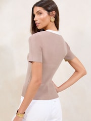 Lipsy Camel Tipped Mock Button Short Sleeve Knitted Top - Image 4 of 4