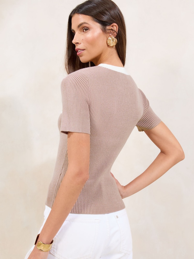 Lipsy Camel Tipped Mock Button Short Sleeve Knitted Top - Image 4 of 4 Lipsy Camel Tipped Mock Button Short Sleeve Knitted Top - Image 4 of 4