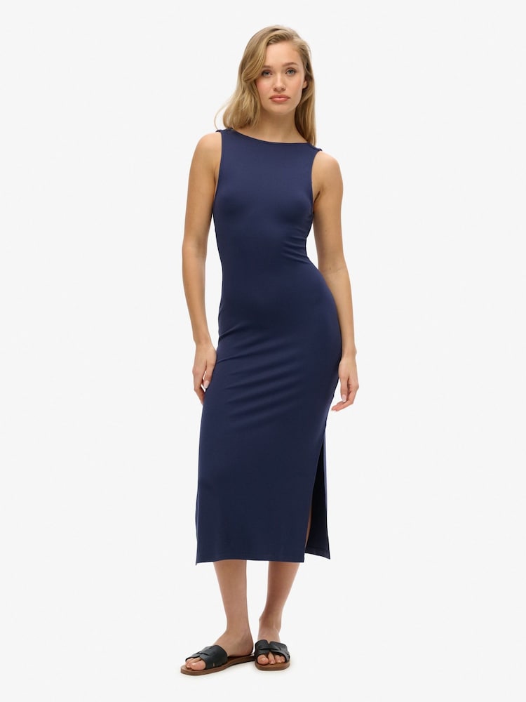 Superdry Blue Jersey Twist Back Midi Dress - Image 1 of 6