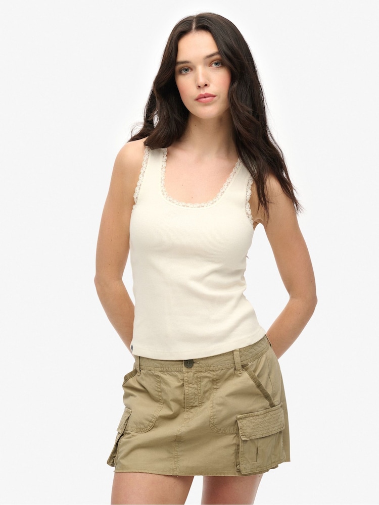 Superdry White Vintage Lace Trim 100% Cotton Vest - Image 1 of 6