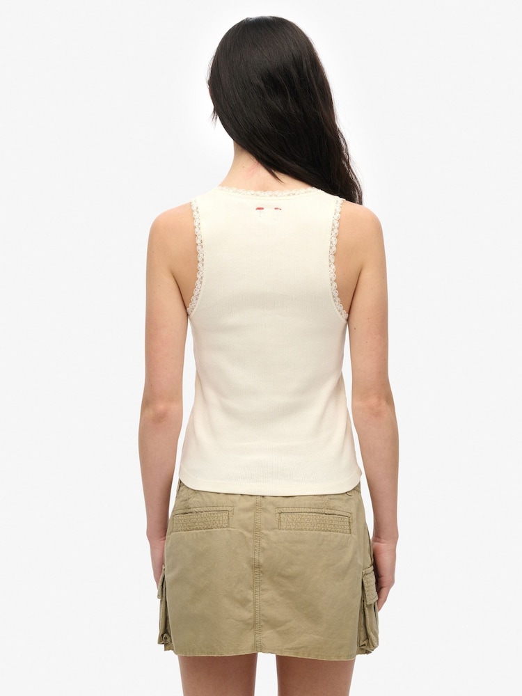 Superdry White Vintage Lace Trim 100% Cotton Vest - Image 2 of 6