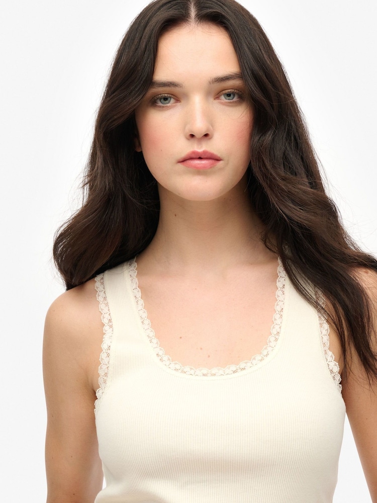 Superdry White Vintage Lace Trim 100% Cotton Vest - Image 4 of 6