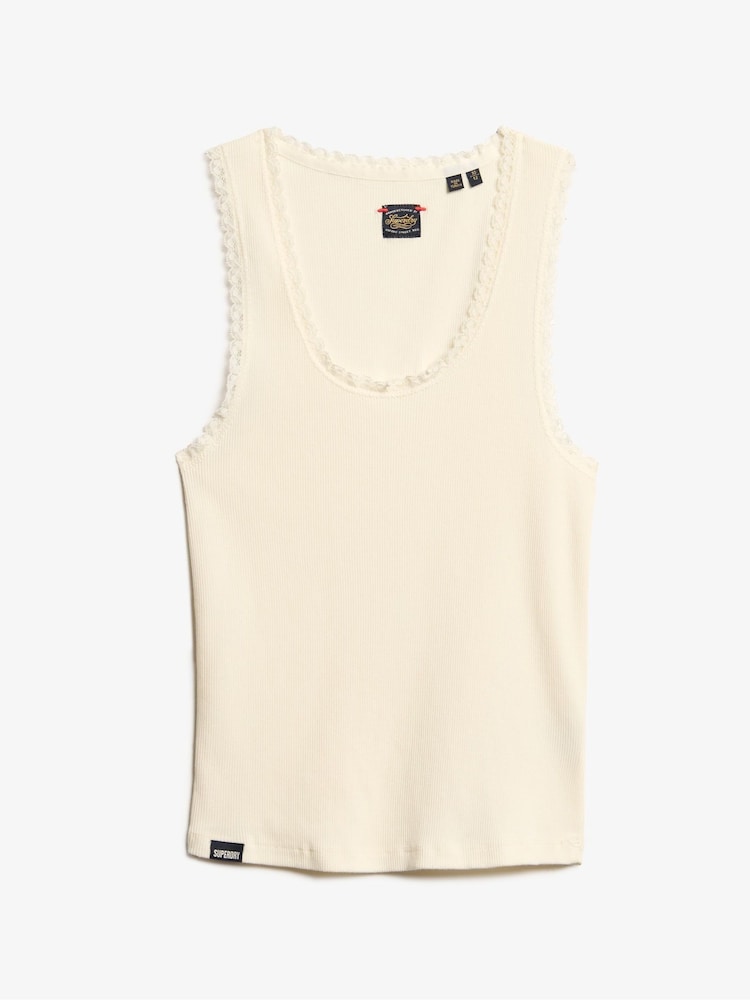 Superdry White Vintage Lace Trim 100% Cotton Vest - Image 5 of 6