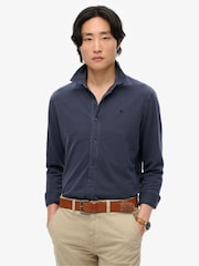 Superdry Blue Dark Vintage Destroy Pique Long Sleeve 100% Cotton Shirt - Image 1 of 6