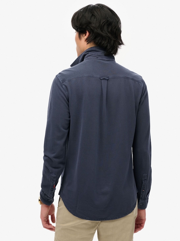 Superdry Blue Dark Vintage Destroy Pique Long Sleeve 100% Cotton Shirt - Image 2 of 6