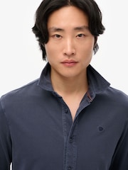 Superdry Blue Dark Vintage Destroy Pique Long Sleeve 100% Cotton Shirt - Image 4 of 6