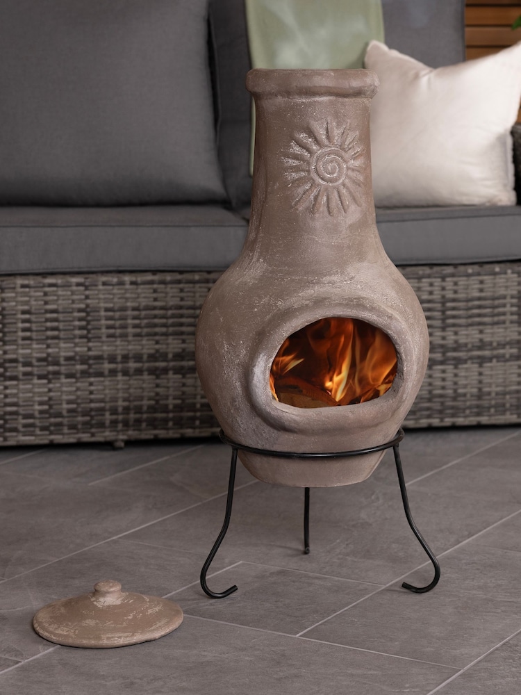 Charles Bentley Distressed Cream Finish Clay Garden Chiminea With Sun Design - Image 2 of 6 Charles Bentley Distressed Cream Finish Clay Garden Chiminea With Sun Design - Image 2 of 6