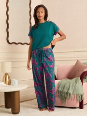Love & Roses Green and Pink Floral Short Sleeve Printed Bottom Pyjamas Set - Image 4 of 5