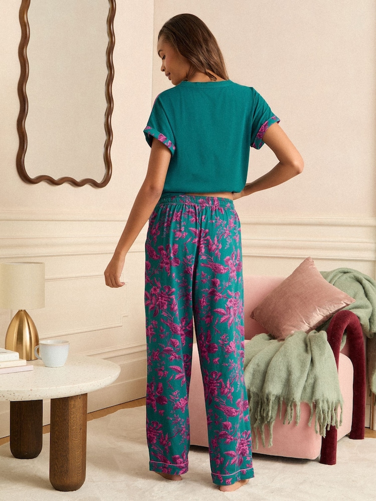 Love & Roses Green and Pink Floral Short Sleeve Printed Bottom Pyjamas Set - Image 5 of 5