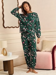 Love & Roses Forest Green Leopard Print Jersey Long Sleeve Pyjamas Set - Image 1 of 5