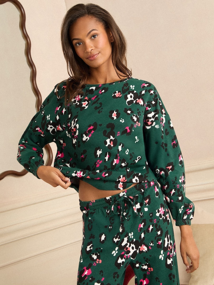 Love & Roses Forest Green Leopard Print Jersey Long Sleeve Pyjamas Set - Image 2 of 5