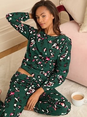 Love & Roses Forest Green Leopard Print Jersey Long Sleeve Pyjamas Set - Image 3 of 5