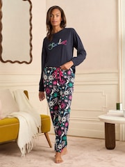 Love & Roses Navy Moon And Star Print Jersey Long Sleeve Pyjamas Set - Image 1 of 5