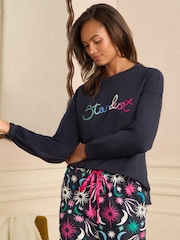 Love & Roses Navy Moon And Star Print Jersey Long Sleeve Pyjamas Set - Image 2 of 5
