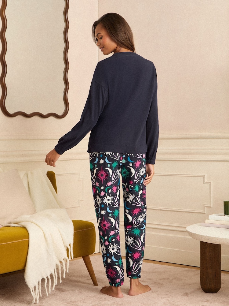 Love & Roses Navy Moon And Star Print Jersey Long Sleeve Pyjamas Set - Image 5 of 5