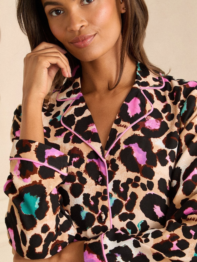Love & Roses Brown Jersey Button Down Pyjamas Set - Image 2 of 5