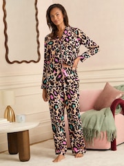 Love & Roses Brown Jersey Button Down Pyjamas Set - Image 4 of 5