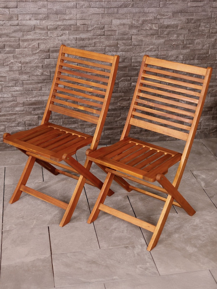 Charles Bentley Natural Wood 1 Pair of Acacia Wooden Foldable Garden Chairs - Image 1 of 6