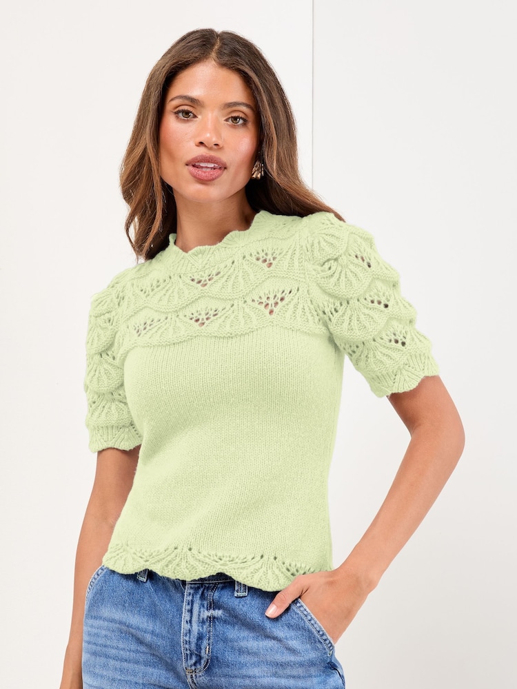 Lipsy Green Scallop Stitch Crew Neck Short Sleeve Knitted Top - Image 1 of 4 Lipsy Green Scallop Stitch Crew Neck Short Sleeve Knitted Top - Image 1 of 4