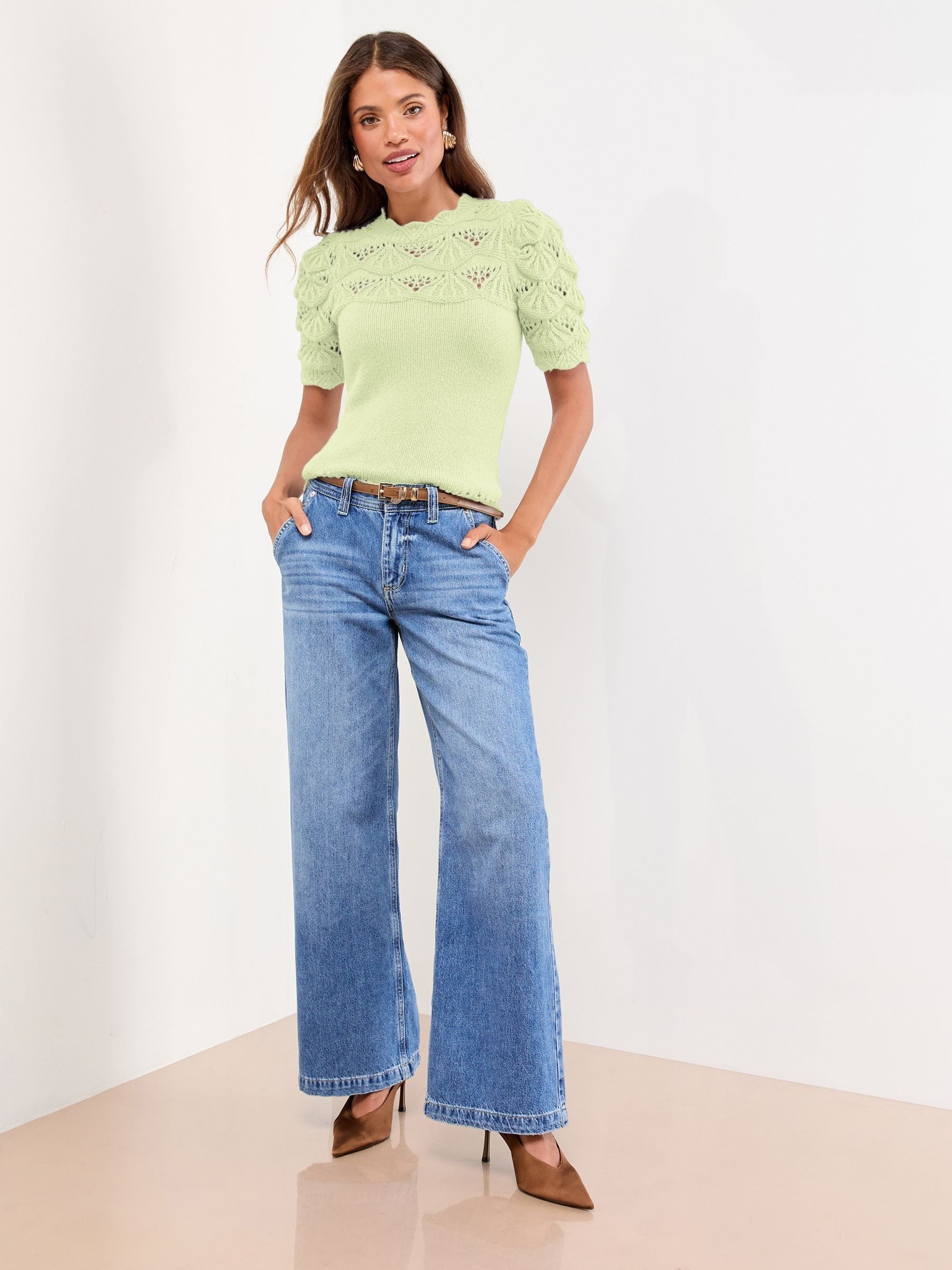 Buy Lipsy Green Scallop Stitch Crew Neck Short Sleeve Knitted Top