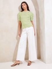 Lipsy Green Scallop Stitch Crew Neck Short Sleeve Knitted Top - Image 3 of 4