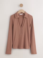 Mocha Brown Henley Long Sleeve Button Down Top - Image 1 of 3