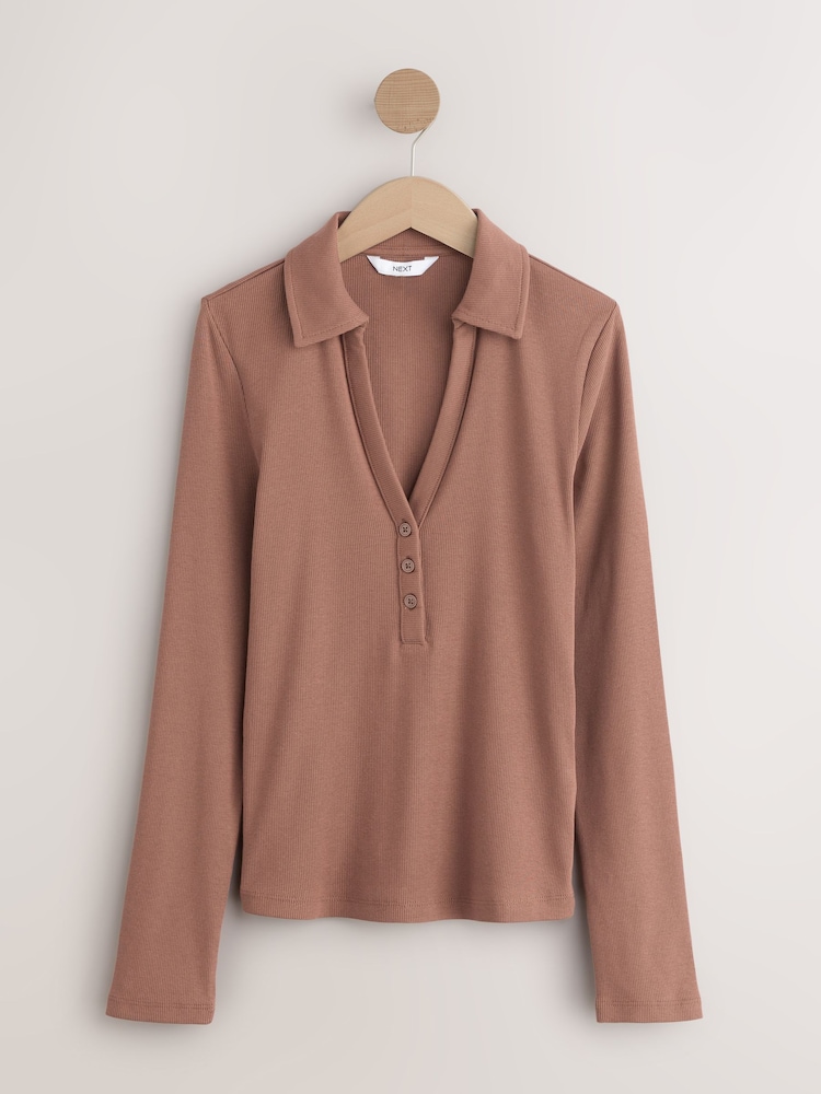 Mocha Brown Henley Long Sleeve Button Down Top - Image 1 of 3
