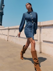 Friends Like These Dark Blue Denim Belted  Mini Dress - Image 1 of 4