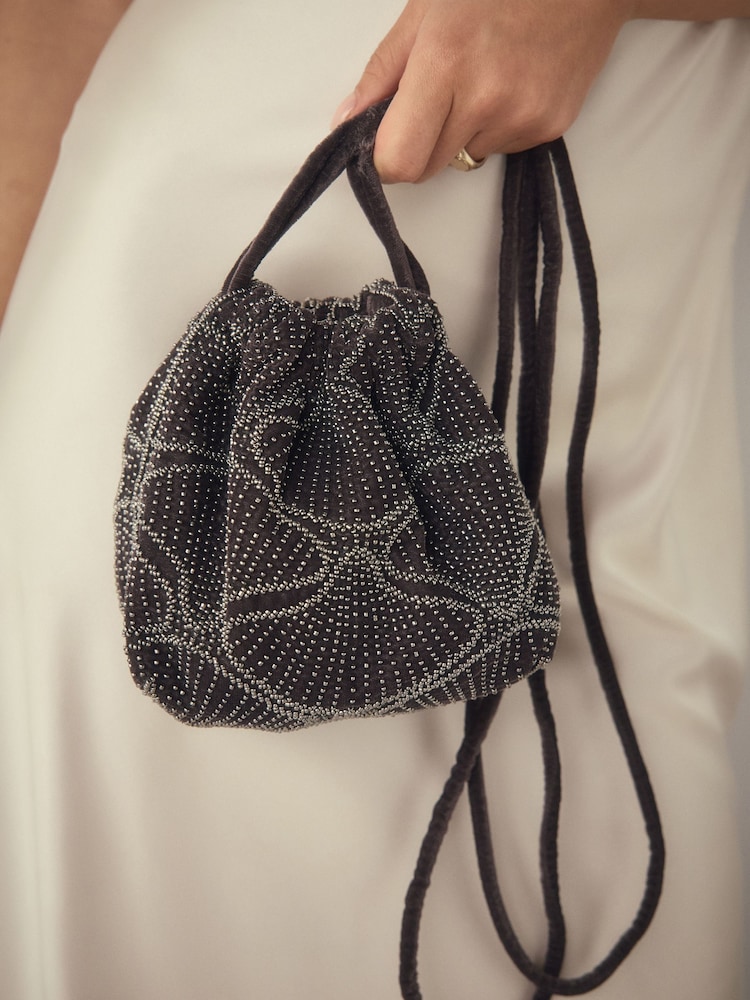 Grey Velvet Embellished Detail Bucket Bag - Image 2 of 8