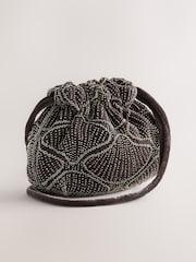 Grey Velvet Embellished Detail Bucket Bag - Image 4 of 8
