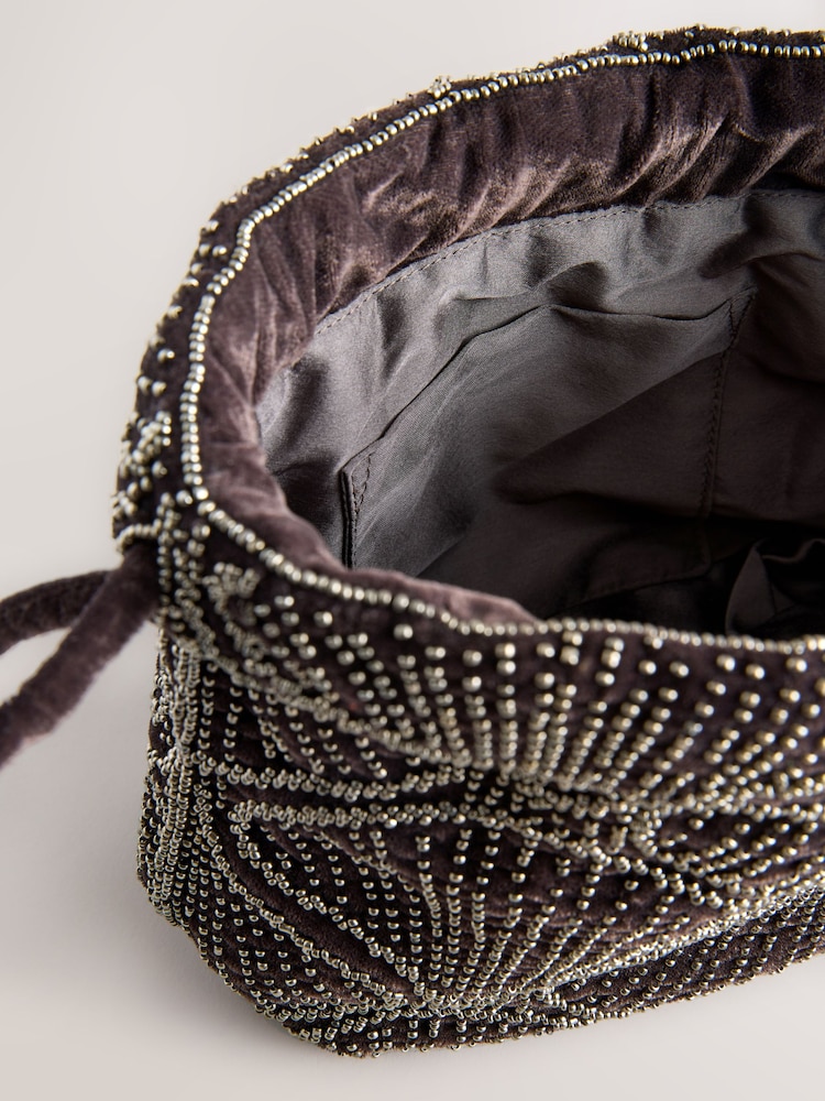 Grey Velvet Embellished Detail Bucket Bag - Image 8 of 8