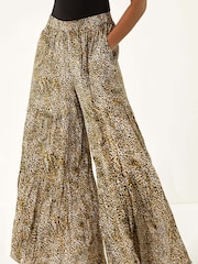 Roman Brown Animal Print Tiered Palazzo Trousers - Image 1 of 5