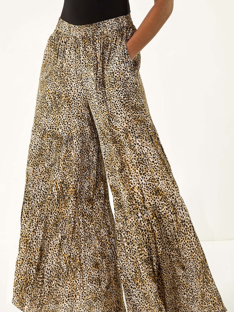 Roman Brown Animal Print Tiered Palazzo Trousers - Image 1 of 5