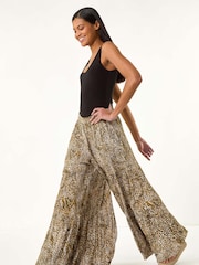 Roman Brown Animal Print Tiered Palazzo Trousers - Image 3 of 5