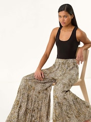 Roman Brown Animal Print Tiered Palazzo Trousers - Image 4 of 5