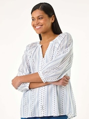Roman Blue Dobby Stripe Print V-Neck 100% Cotton Blouse - Image 1 of 5