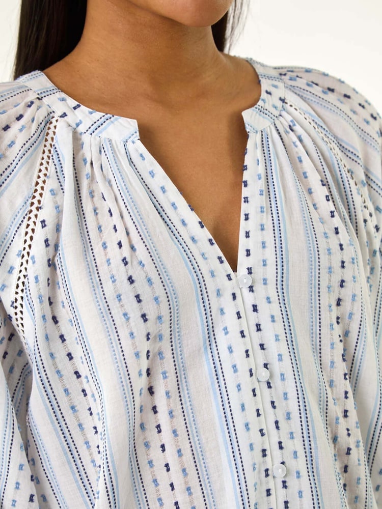 Roman Blue Dobby Stripe Print V-Neck 100% Cotton Blouse - Image 2 of 5