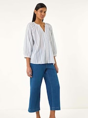 Roman Blue Dobby Stripe Print V-Neck 100% Cotton Blouse - Image 3 of 5