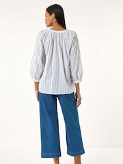 Roman Blue Dobby Stripe Print V-Neck 100% Cotton Blouse - Image 4 of 5