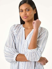 Roman Blue Dobby Stripe Print V-Neck 100% Cotton Blouse - Image 5 of 5
