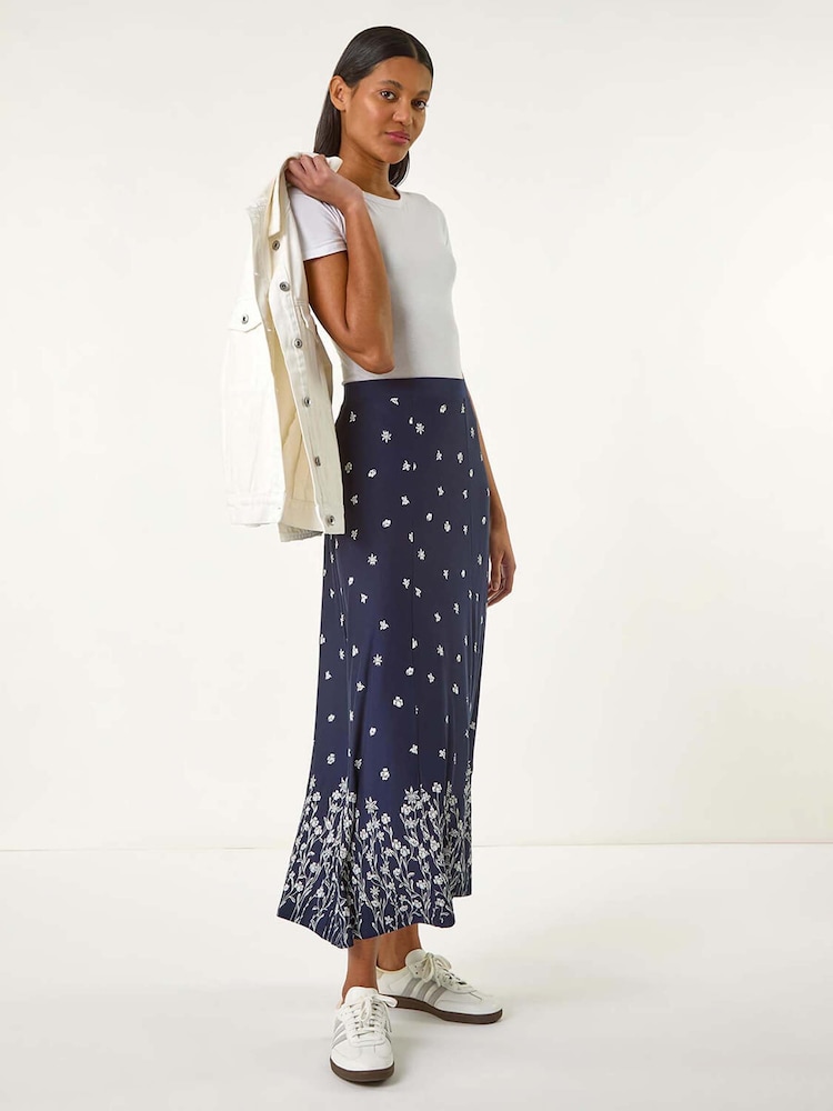 Roman Blue Floral Border Print Stretch Skirt - Image 3 of 5