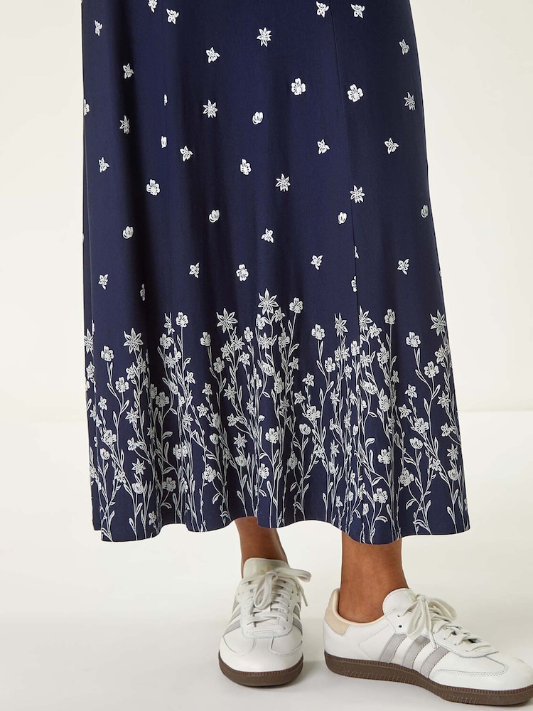 Roman Blue Floral Border Print Stretch Skirt - Image 5 of 5