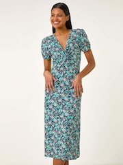 Roman Blue Floral Front Twist Midi Dress - Image 1 of 5