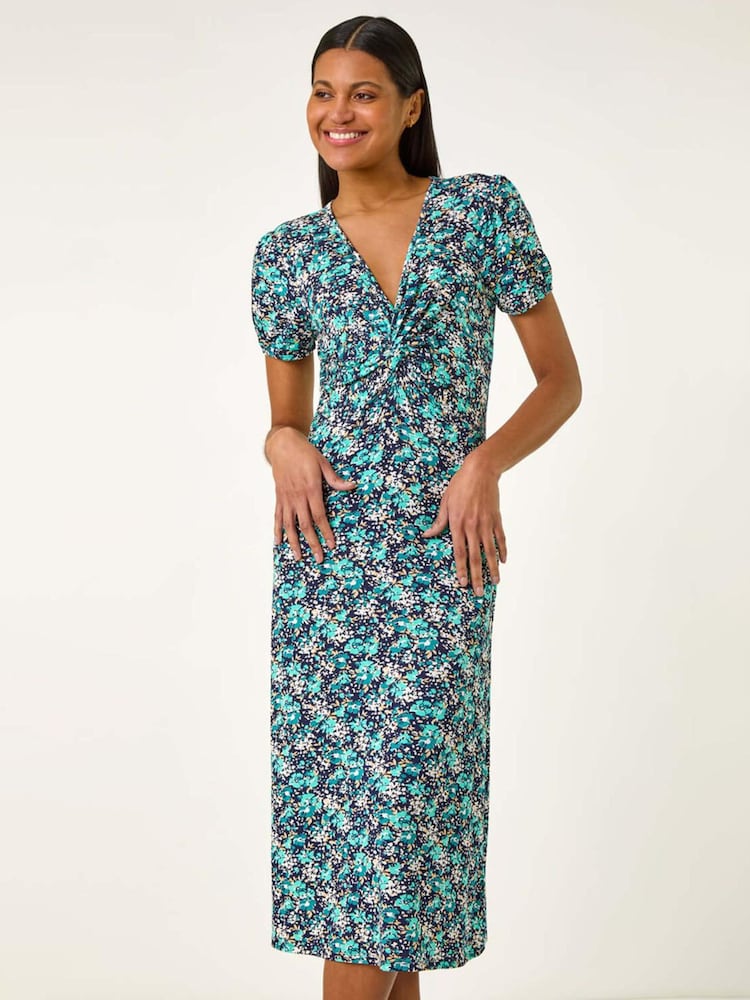Roman Blue Floral Front Twist Midi Dress - Image 1 of 5