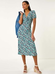 Roman Blue Floral Front Twist Midi Dress - Image 2 of 5