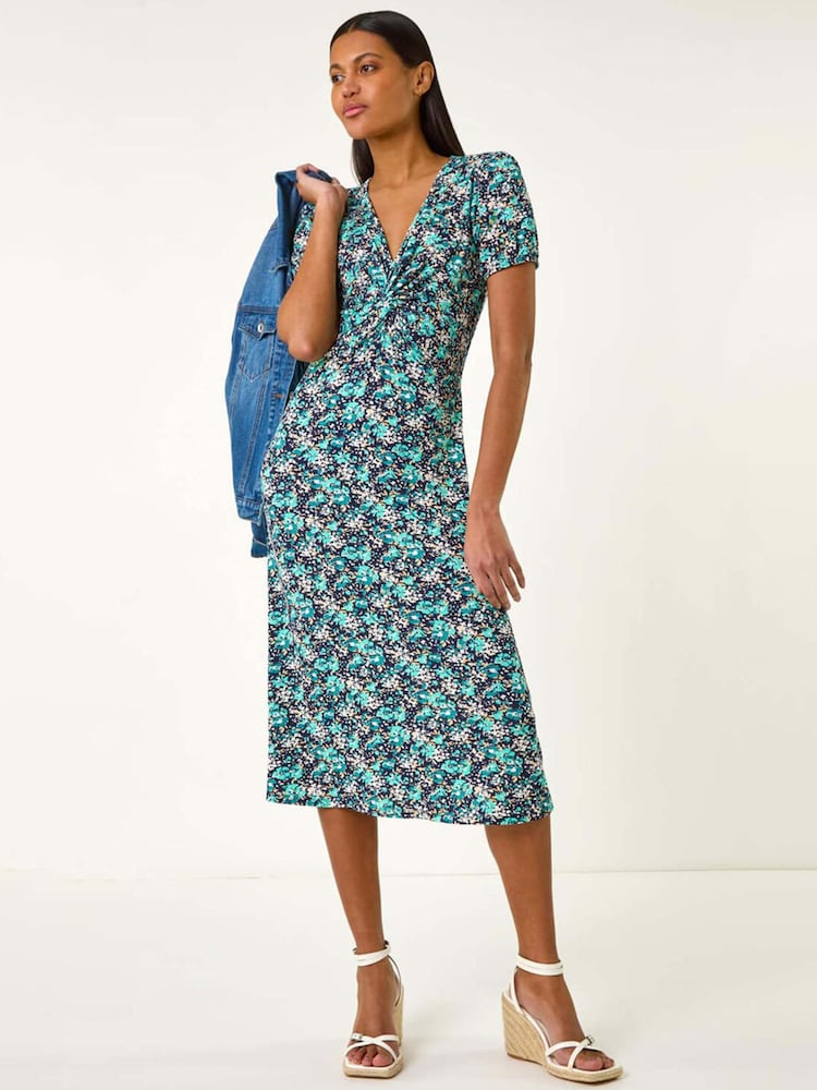 Roman Blue Floral Front Twist Midi Dress - Image 2 of 5